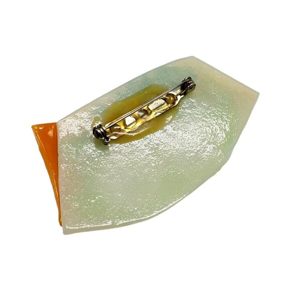 Fused Glass Art Brooch Pin Monster Big Eyes Sun Hat Blue Green Orange 2.5"x1.5" - Picture 5 of 8